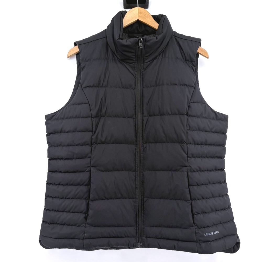 Lands End Womens Black Down Puffer Vest Size L 14-16‎ Full Zip 600 Fill Power